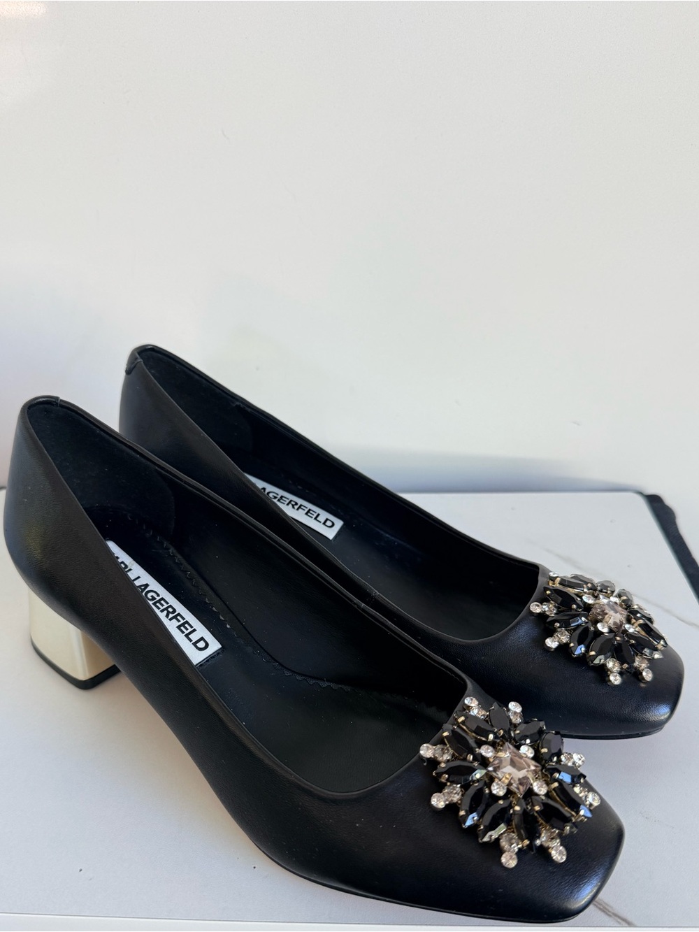 Karl Lagerfeld Black Leather Jewel-Embellished Mid Block Heels